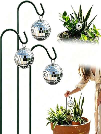 1 Set Mini Disco Ball Garden Stake, Hanging Mirror Ball Decoration With Metal Shepherd's Hook, Suitable For Indoor And Outdoor Plant Pots, Lawn Yard Party Decor, Applicable To Potted Plants, Patio, Lawn And Floral Arrangements