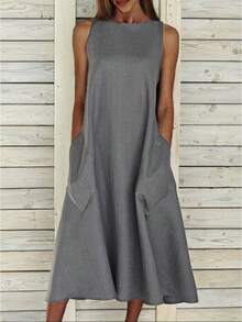 Nuevo vestido estilo europeo y americano de , cuello redondo, sin mangas, vestido largo con doble bolsillo. - Azul - Ver 8