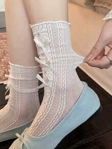 1 Pair Ballet Style Lace Socks, Women's Mid-Calf Socks, Summer JK Thin Stacked Socks, -Style Long White Socks To Match Mary Jane Shoes - Multicolor - View 3