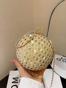 女款水鑽球飾晚宴手拿包，附可拆式鍊條，優雅新娘斜背包，適合婚禮、舞會、雞尾酒會、伴娘使用 - 金色 - 查看 4