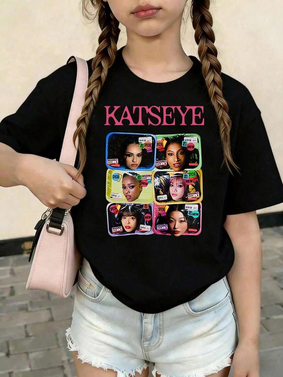 KATSEYE Printed Summer T-Shirts, Vintage Y2K Hip Hop Style, Short Sleeve T-Shirt, Summer Clothes For Girls, Toddler Girls' Clothes, Teen Clothes, Kids' Clothes - 綠色 - 查看 1