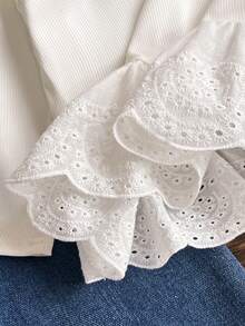 Baby Girl Spring/Autumn Casual Fashion 2-Piece Set, Denim Big Bow White Ribbed Lace Ruffle Long Sleeve Top + Butterfly Print Gradient Denim Long Pants - White - View 7