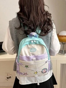 XD 大學風拼接色/抽繩設計，拉鍊開合，輕量學生包，適合兒童/學生/小孩，日常休閒使用，適用於日常、外出、旅行、學校、開學季 - 彩色 - 查看 4