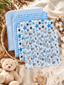 4pcs Multi-Color Newborn Swaddle Blanket Set. Single Layer Cartoon Swaddle Blanket, Printed Bed Sheet For Baby Warmth And Care, Neutral Baby Swaddle Blanket Set, Simple And Cute Design, Perfect Birth Gift For Baby - 藍色 - 查看 6