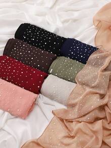 1pc New Fashion Solid Color Pearl Decorated Chiffon Muslim Hijab Scarf - Multicolor - View 7