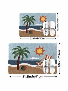1件浴室地墊地毯，植絨柔軟舒適腳感，快乾度假海灘風圖案浴室墊，適用於浴室、廚房、戶外走廊、臥室、客廳、床邊地毯，TPR防滑底背，可機洗 - 彩色 - 查看 3