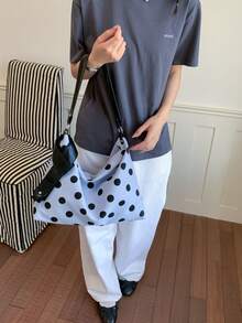 女款波希米亞風單肩包，圓點帆布材質，蝴蝶結裝飾，大容量，休閒日常使用 - 霧霾藍 - 查看 3