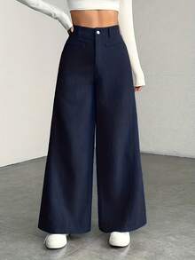 Pantalones de Mujer de Cintura Alta y Pierna Ancha - Textura de Pana, Pantalones Casuales, Cómodos para Todas las Estaciones, Lavables a Máquina - Azul - Ver 2