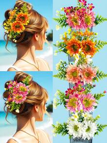 1pc New Style Artificial Fabric Hawaiian Sunflower Floral Greenery Hair Comb, Suitable For Daily Wear, Photography, Hawaiian Vacation, Party, Holiday Gift - Multicolor - View 1