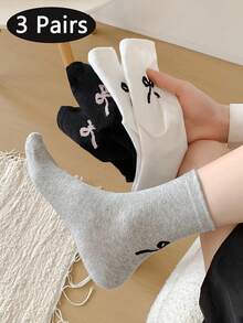1/3/6 Pairs Women's Cute Bowknot Print Mid-Calf Socks, Pure Black White Gray Ribbed Crew Socks, Simple Fashion Pattern Daily Casual Ankle Socks - Multicolor - View 1