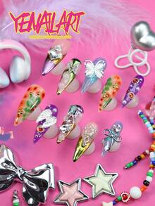 10pcs Press On Nails Acrylic Stiletto,Nude Pink,Purple,Royalblue,French Tip,Gold Green ,Star,Blooming Butterfly,Start,Wing,Bow,Nordic Full Cover False Nails Set,Summer Nail Supplies For Daily,Vacation,Holiday,Nail Art For Girls & Women - Multicolor - View 1