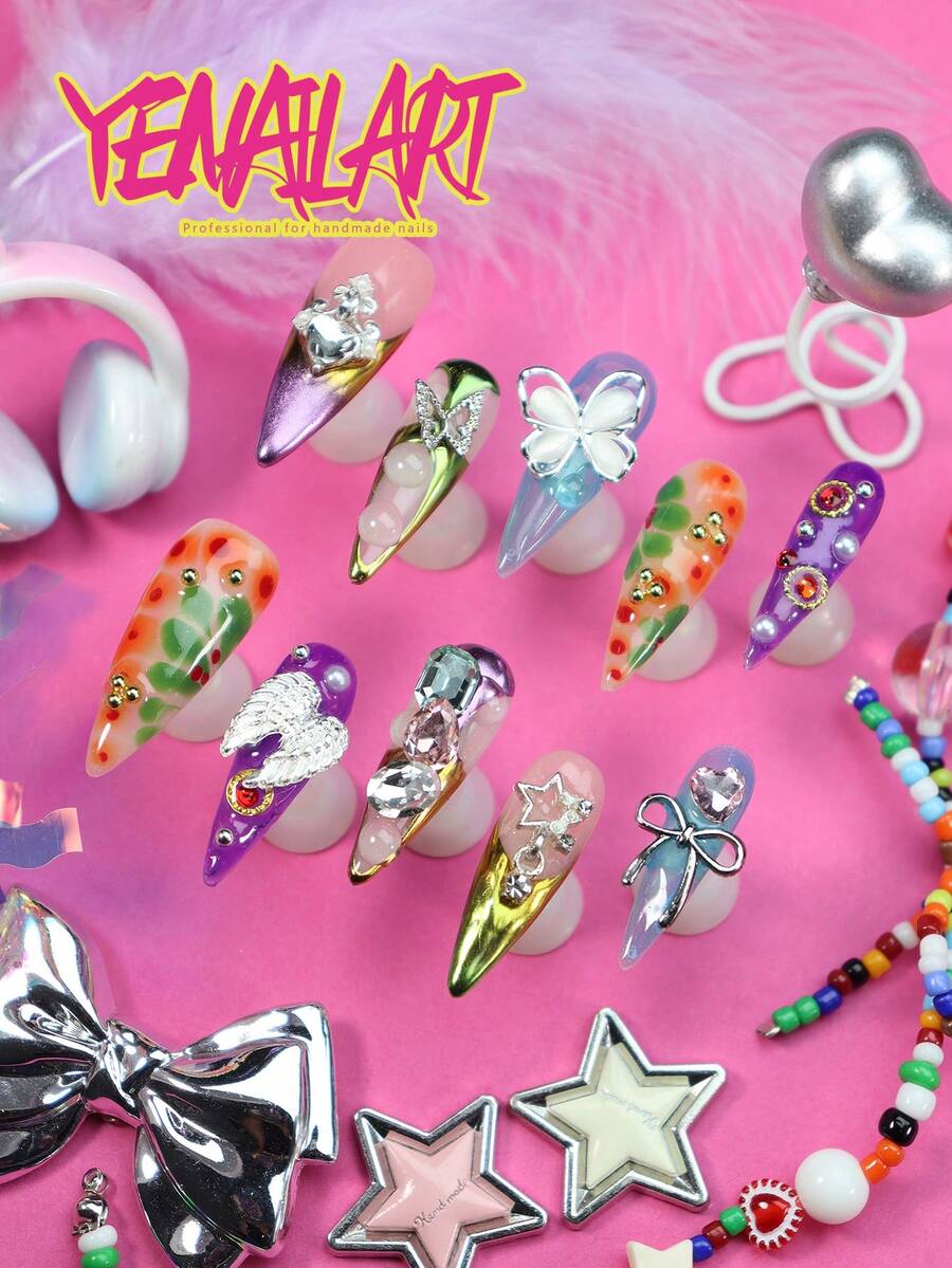 10pcs Press On Nails Acrylic Stiletto,Nude Pink,Purple,Royalblue,French Tip,Gold Green ,Star,Blooming Butterfly,Start,Wing,Bow,Nordic Full Cover False Nails Set,Summer Nail Supplies For Daily,Vacation,Holiday,Nail Art For Girls & Women - Multicolor - View 1