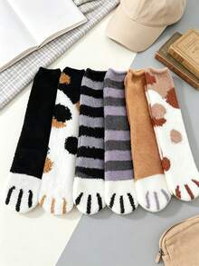6 Pairs Mixed Color Fluffy Mid-Calf Socks For Women, Suitable For Daily Home/Office Tiger Paw Non-Slip Floor Socks, Cozy Socks - Multicolor - View 1