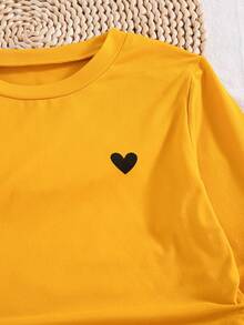 Setelan Kasual 2 Potong untuk Anak Perempuan, Atasan Lengan Panjang Leher Bulat Motif Hati Hitam dan Celana Panjang Lurus Motif Hati Garis-garis dengan Tali Serut, Musim Semi/Gugur - Kuning - View 4