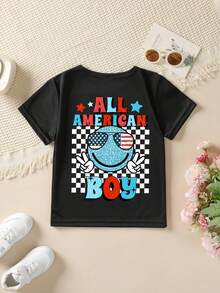 Fashionable Short-Sleeved T-Shirt For Boys 'American Independence Day' 'ALL AMERICA BOY' With Plaid Elements And Double-Sided Cartoon Print, Casual Outdoor Top - 黑色 - 查看 3