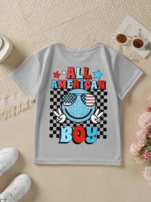 Fashionable Short-Sleeved T-Shirt For Boys 'American Independence Day' 'ALL AMERICA BOY' With Plaid Elements And Double-Sided Cartoon Print, Casual Outdoor Top - 灰色 - 查看 3