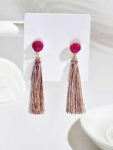 1 Pair Asymmetrical Fashion Faux Stone Long Tassel Earrings - Red - View 2