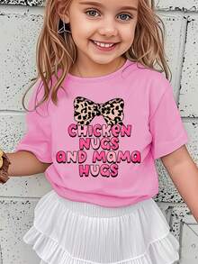Camiseta de niña con la inscripción "chicken nugs and mama hugs" y lazo con estampado de leopardo, moderna, casual y versátil. - Negro - Ver 8