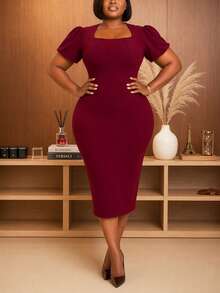 1pc Elegant Solid Color Asymmetric/Asymmetrical Midi Knit Dress, Office/Home/Casual/Night Wear, Spring/Summer - Burgundy - View 2