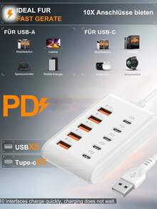 Adaptador USB de 10 puertos [5USB+5PD] Hub de 66W Carga rápida Multi-interfaz, Carga rápida Amplia compatibilidad Dispositivos de interfaz USB, Adecuado para computadoras, portátiles, tabletas y otros dispositivos USB de 5V, Hub USB 10-en-1 con carga rápida PD de 66W y transferencia de datos, Adaptador multi-puerto compacto compatible con portátiles, tabletas, teléfonos inteligentes, unidades USB, discos duros externos y otros dispositivos USB, Adecuado para hogar, oficina, viajes, computadoras, cámaras - Ver 6