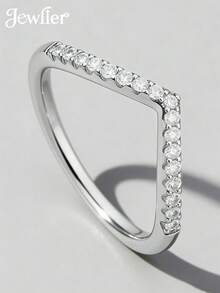 1 pieza Anillo de plata de ley S925 con forma de V y circonita cúbica, regalo de joyería brillante para mujeres, regalo ideal para el Día de San Valentín - Plateado - Ver 3
