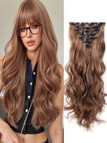 Extensiones de cabello ondulado de 20 pulgadas, 7 piezas/set, piezas de cabello con borde grueso, diseño de clip invisible, fibra sintética suave, color púrpura, solo para mujeres - Multicolor - Ver 14