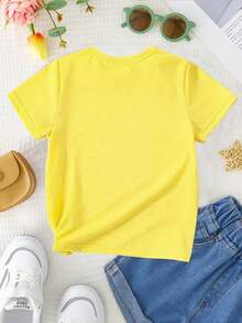Camiseta de cuello redondo para mujer con estampado de letras coloridas y diseño de flor, dulce, versátil y casual. - Amarillo - Ver 3