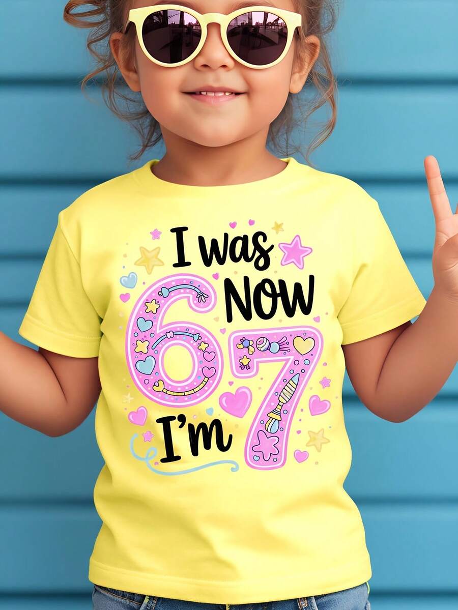 Creative And Sweet T-Shirt For Girls WML With Cartoon Print Of The Number 67 - Yellow - View 1