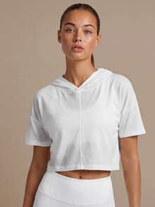 Women's Lightweight Short Sleeve Hooded Backless Batwing Short Sports Top, Yoga Fitness Running Workout T-Shirt - White - View 5