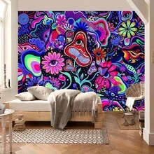 Mushroom Evil Eye Floral Tapestry, Vibrant Rainbow Vortex Abstract Pattern Wall Hanging, Dark Starry Sky Background, Bohemian Hippie Style Bedroom Living Room Dorm Aesthetic Photo Backdrop, Indoor Art Wall Carpet Home Decor - Multicolor - View 10