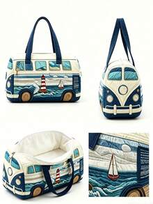 3D Printed Bus Pattern Tote Beach Bag Large Capacity Lightweight Durable, Zipper Handles Travel Duffle Bag For Sports Outdoor Beach Travel Essential - Multicolor - View 2
