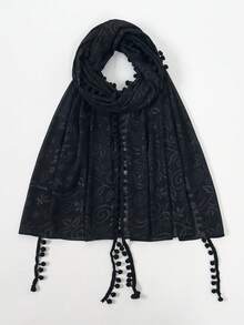 1 Stück Damen einfarbiger bedruckter vielseitiger Schal mit Cashew-Paisley-Muster und Pompon-Saum - Schwarz - Übersicht 3