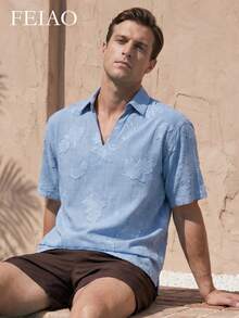 FEIAO Men's Vintage "Old Money" Style Blue Embroidered Shirt: A Versatile, High-Quality Pullover, Perfect For Casual Vacation - Blue - View 4