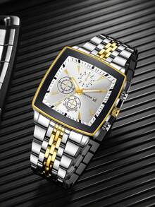 Reloj de pulsera de cuarzo con esfera cuadrada de tres ojos y calendario, estilo clásico de moda para hombre, estilo elegante (1 pieza/set), caja de reloj no incluida - Blanco - Ver 6
