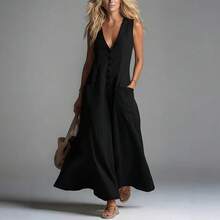 Vestido largo de verano con cuello en V para mujer, estilo casual y moderno, sin mangas, para el mercado transfronterizo europeo y americano. - Negro - Ver 1