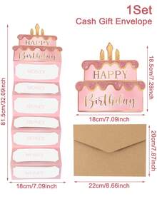 1 Set Pink Gold Happy Birthday Folding Cash Card, Pink Birthday Cake Pattern, Folding Money Card And Envelope, Perfect Choice For Birthday Party Supplies - Multicolor - View 10