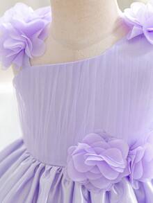 Baby Girls Asymmetrical Shoulder Bow Lace Lily Satin Cute Party Flower Bud Dress Suitable For Flower Girl, Headband Not Included - Mauve Purple - View 7