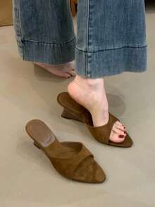 Women's Pointed Toe Wedge Slippers Sandals New Summer Slide Sandals Niche Design High Heel Shoes - Brown - View 9