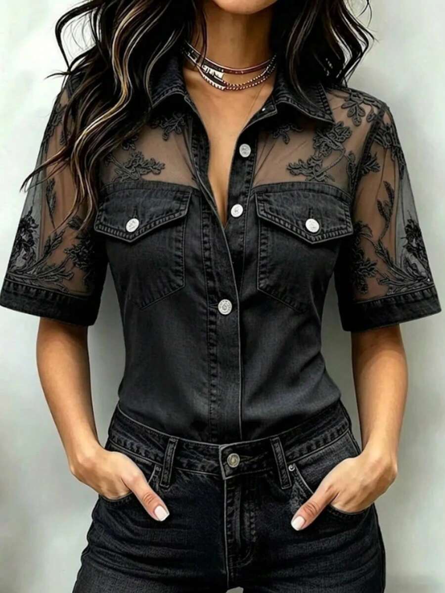 Women's Denim Fabric & Mesh Patchwork Shirt, Long Sheer Puff Sleeves, Button-Down With Fake Chest Pockets, Slim Fit Casual Top For Everyday Wear - 黑與白 - 查看 1