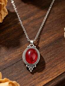 1pc Vintage Bohemian Pomegranate Stone Pendant Necklace, Women's Creative Exquisite Carved Red Personalized Necklace Jewelry Accessory - Light Green Water Drops - View 4