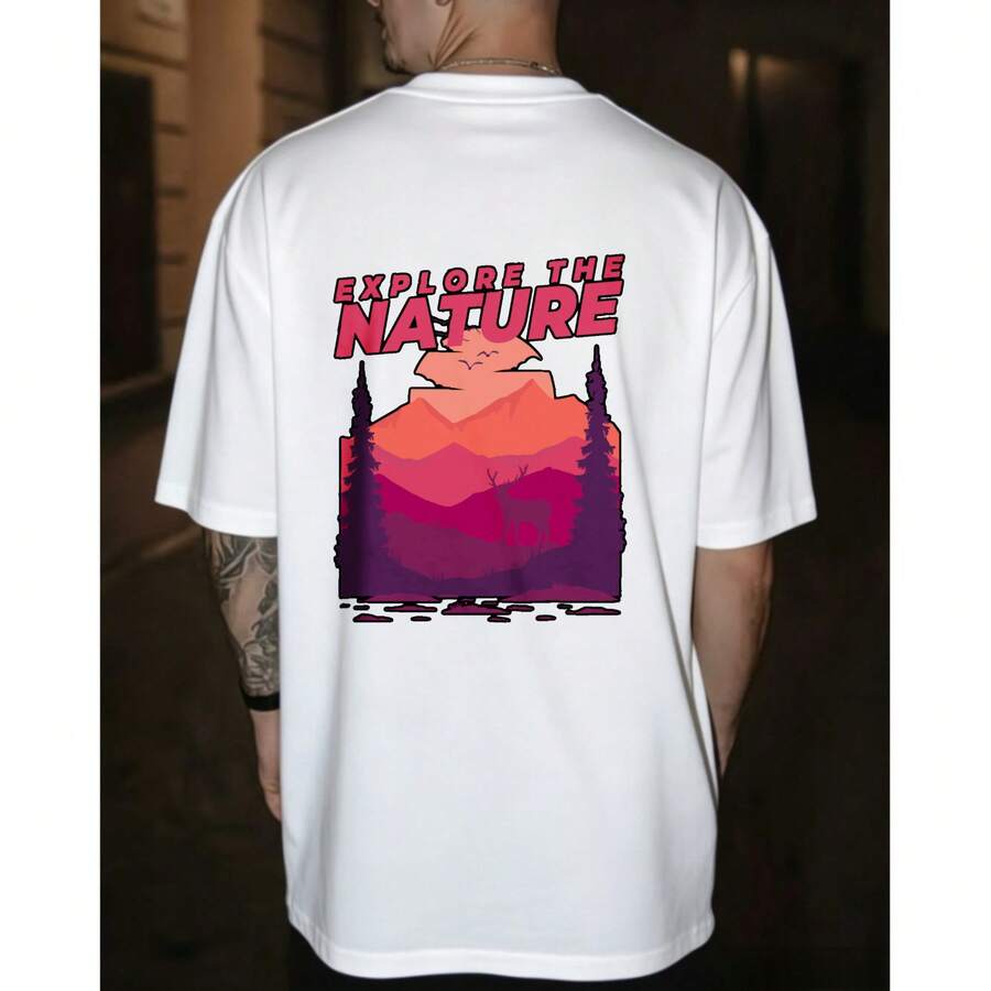 Hombres, Diseño de Montañas al Atardecer, Camiseta, Estampado en Gradiente Rosa y Morado con Árboles, Corte Regular, Para Explorar la Naturaleza - Blanco - Ver 1