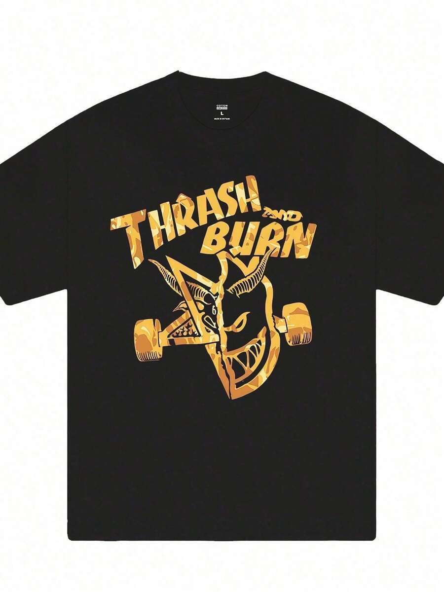 Camiseta gráfica de skate "Thrashe And Burn" para hombres - 100% algodón, camiseta casual de verano negra con letras naranjas en negrita y diseño de esqueleto de skate, perfecta para todas - Negro - Ver 1