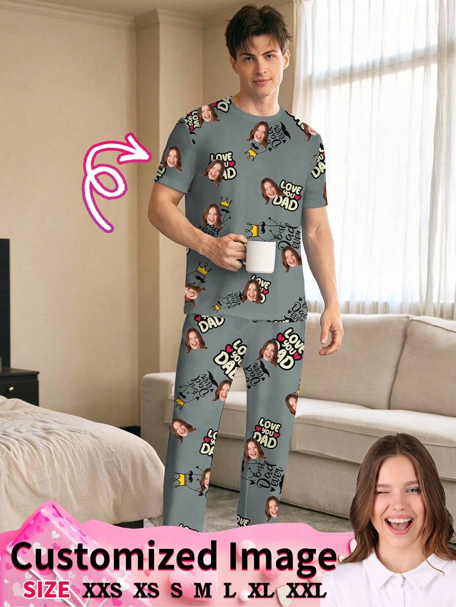 Conjunto de pijama personalizado para hombres, se puede imprimir cualquier patrón, pijama personalizado con fotos, adecuado para novio, amigos, de moda para otoño, fiesta de vacaciones - Negro - Ver 1