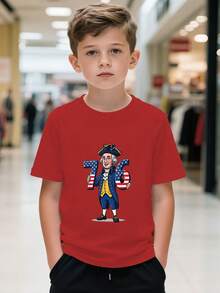 Camiseta de George Washington para niños - Estilo divertido de dibujos animados, que muestra a Washington con un sombrero tricornio azul, vestido con traje militar azul, sosteniendo un gran - Blanco - Ver 6