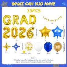 33件套2026毕业季气球套装，包含“GRAD”铝箔气球、“2026”铝箔气球、乳胶气球、星星气球，适用于学校活动、校园装饰、房间装饰、2026毕业派对、毕业照道具。 - 多色 - 查看 2
