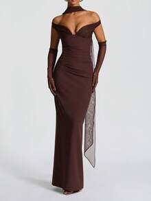 Elegant Women's Off-Shoulder Fitted Long Party Evening Dress (No Gloves, Includes Ribbon) - Brown - View 5