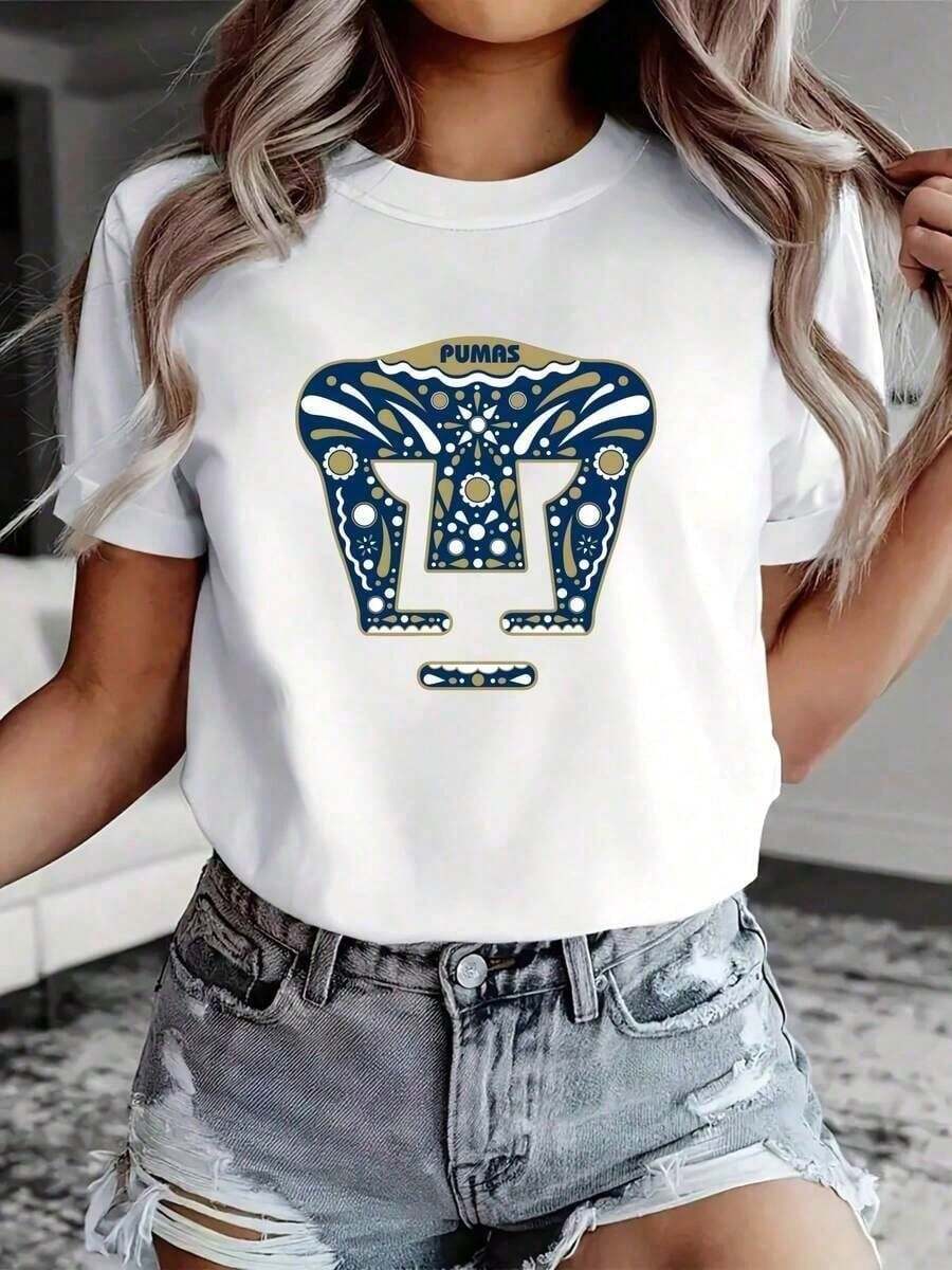 Pumas UNAM Women's Soccer Jersey | Vibrant Graphic Design | 100% Pure Cotton Fabric | Soft And Comfortable | For Casual Wear And Gifts | White Crew Neck T-Shirt - 黑色 - 查看 1