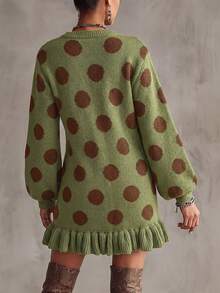 Vintage Matcha Green Large Polka Dot Knit Long Loose Fit Women's Sweater With Puff Lantern Sleeves And Ruffle Hem Vacation Fall - Green - View 6