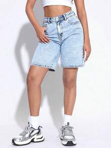 PETITE Short bermuda de mezclilla para mujer, de corte holgado y casual, con bolsillos - Verde militar - Ver 4