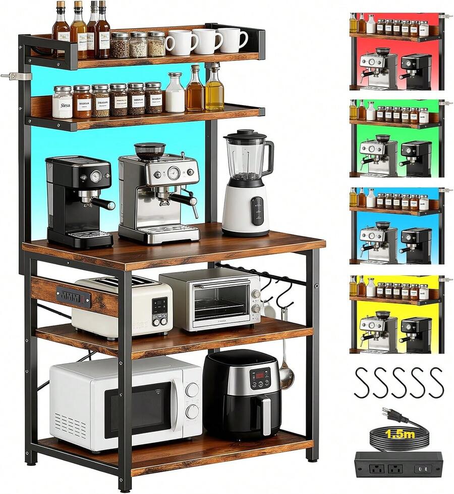 LOKOOY 5-Tier Storage Cabinet, Kitchen Shelf With Outlets And 5 Hooks, Microwave Rack, Multipurpose Cabinet For Kitchen, Living Room, Office, Cafe - 米色 - 查看 1
